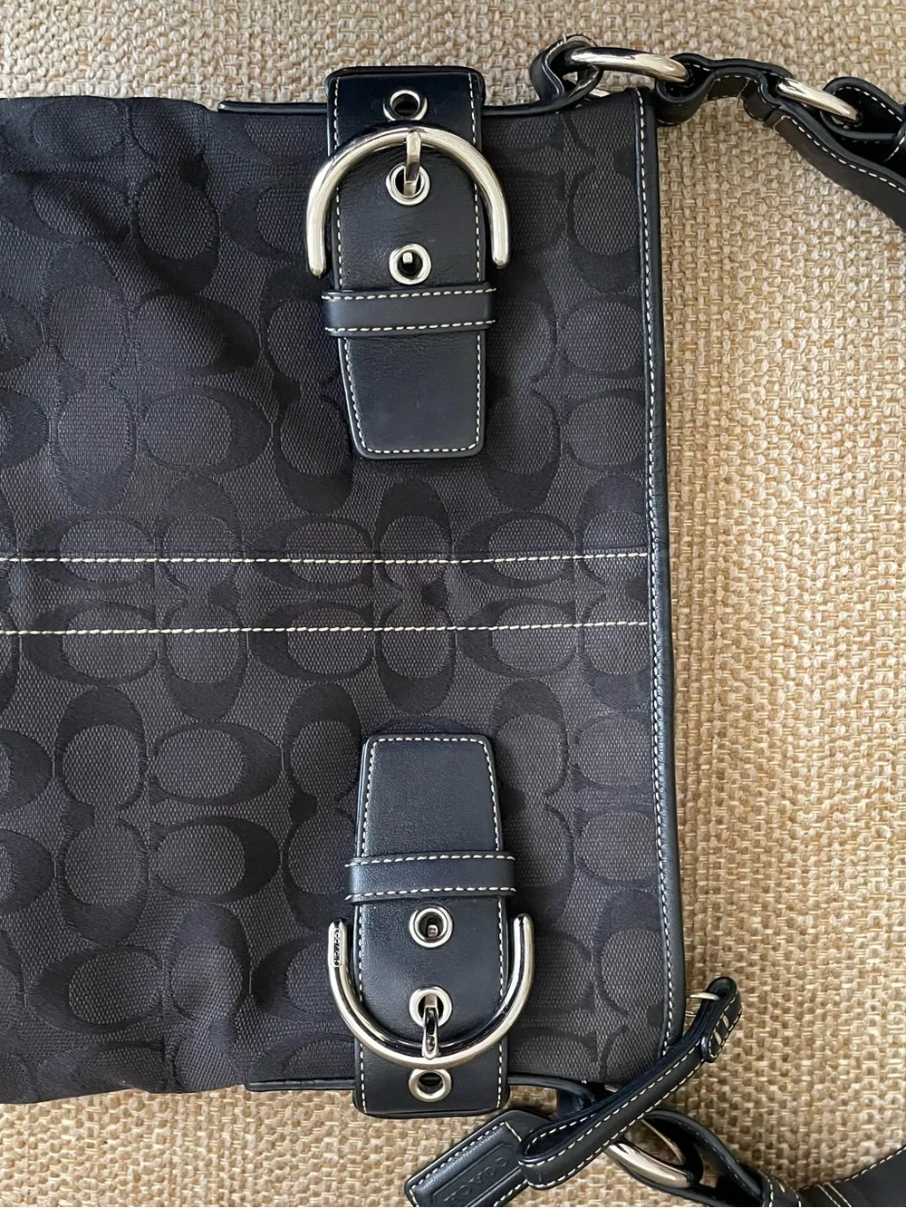 Coach Black Signature Canvas Hobo Bag with Silver Buckle Accents